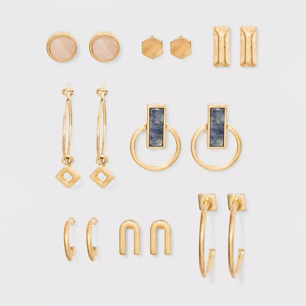 UNIVERSAL THREAD Semi Precious Sodalite & Pink Moonstone Earring Set 8pc Gold