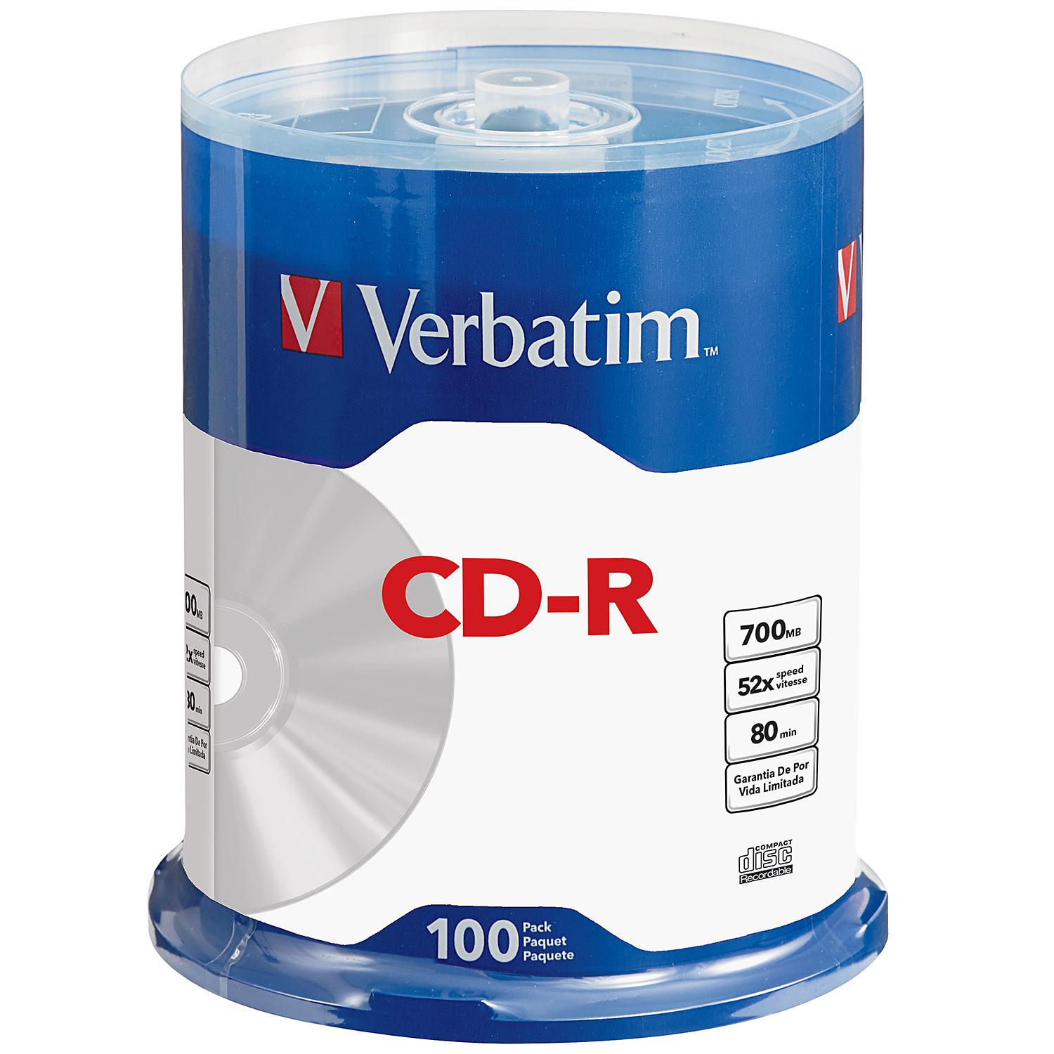 VERBATIM 700MB 80MIN 52X CDR Spindle, 100 Pack