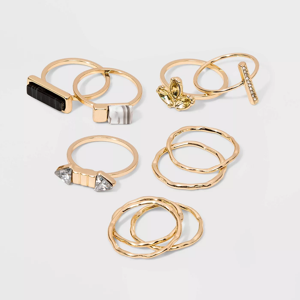 WILD FABLE Shiny and Worn Gold with Acrylic Stone Multi Ring Pack
