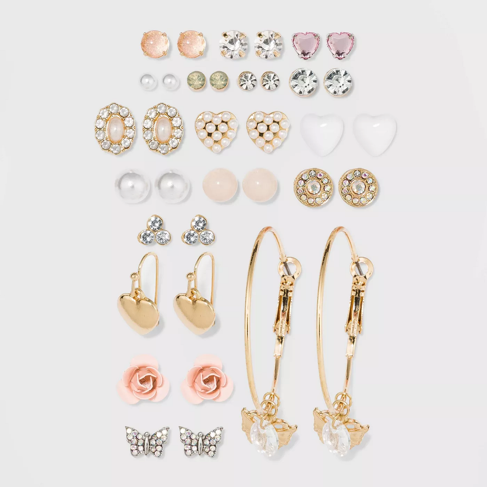 WILD FABLE Multi Plate and Acrylic Stones, Zinc and Steel Parts Multi Earring Set 18pc White Crystal