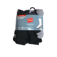 HANES Premium Men's 10pk Cool Comfort Crew Socks in Black, 612