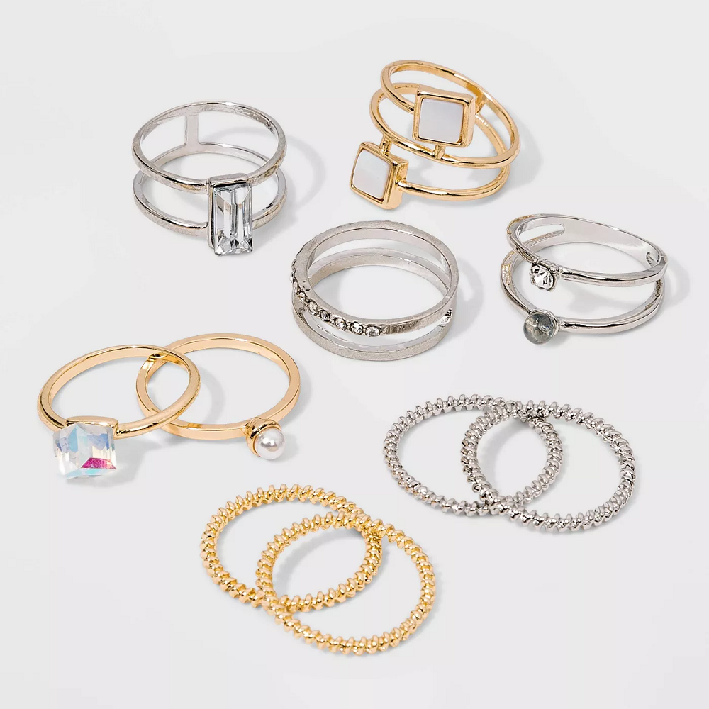 WILD FABLE Shiny Gold and Rhodium Acrylic Stone Multi Ring Pack