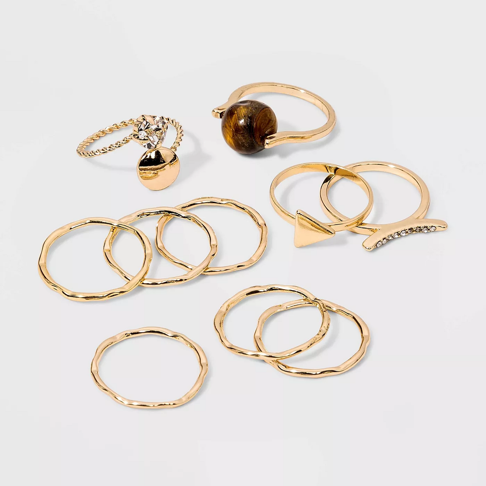 WILD FABLE Shiny and Worn Gold with Tiger Eye SemiPrecious and Acrylic Stone Multi Ring pack Brown