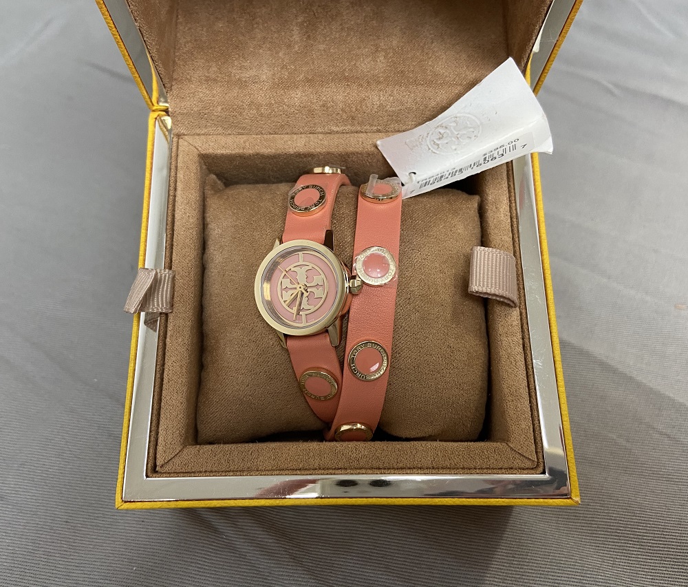 TRB4013 Tory Burch Reva Mini Women Watch Double Wrap Studded Melon Leather