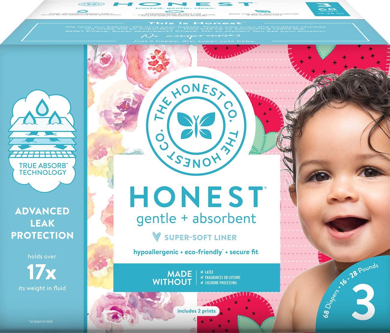 THE HONEST COMPANY Club Box Diapers with TrueAbsorb Technology, Rose Blossom & Strawberries, Size 3, 68 Count