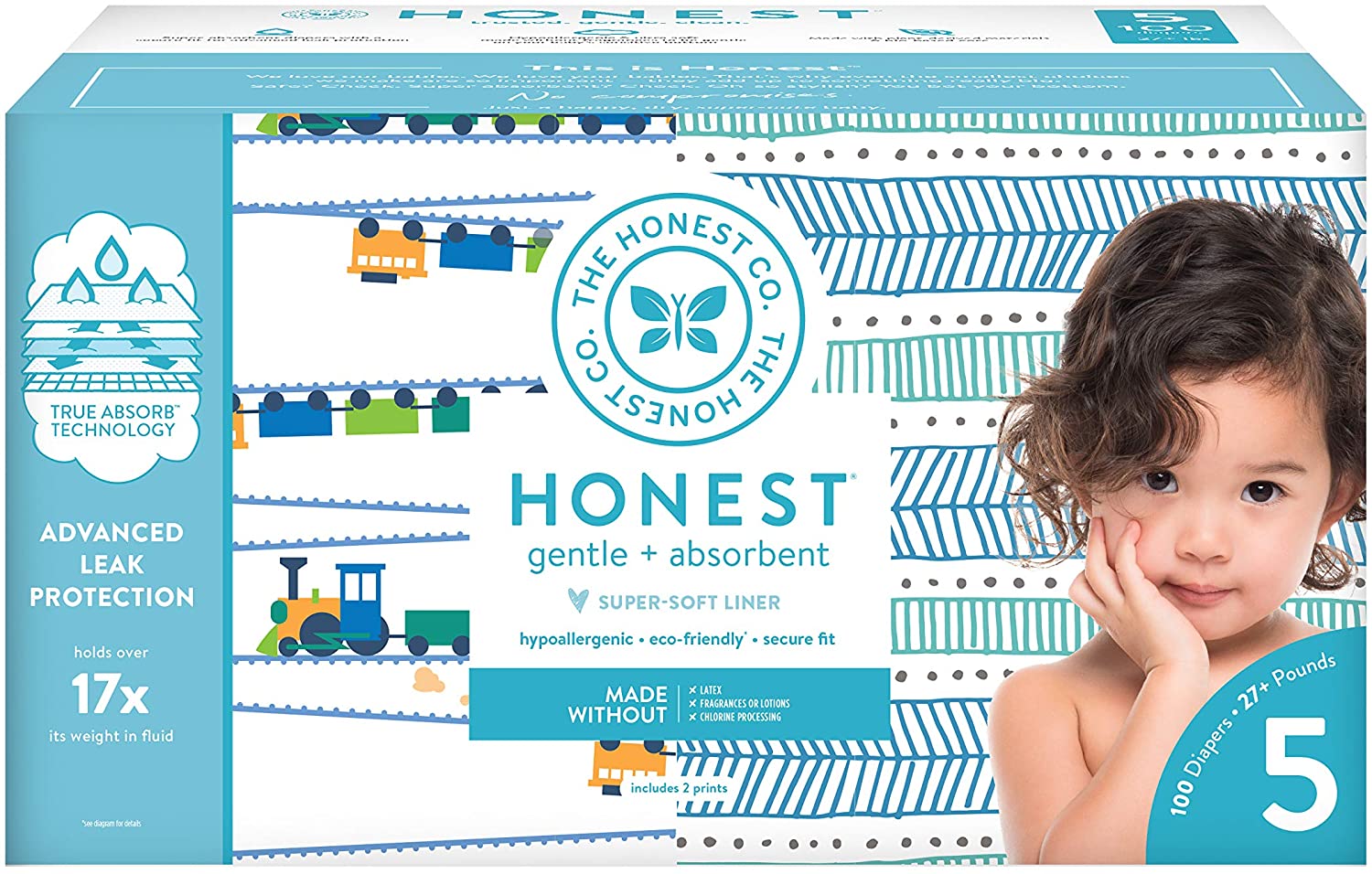 THE HONEST COMPANY Super Club Box Diapers with TrueAbsorb Technology, Trains & Teal Tribal, Size 5, 100 Count