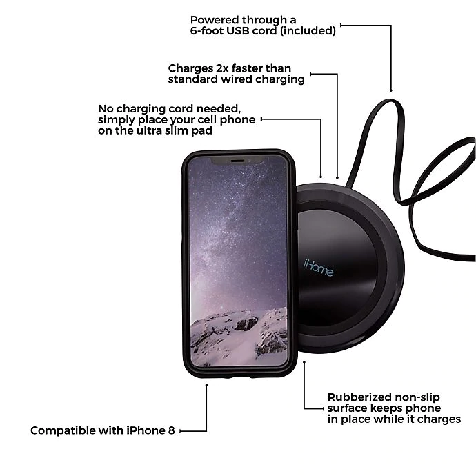 iHome Ultra Slim 10w Qi Wireless Fast Charging Pad in Black