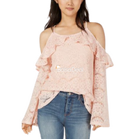 ULTRA FLIRT by Ikeddi Juniors' Lace ColdShoulder Top in Cafe Creme, Size M
